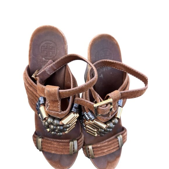 Tory Burch Womens Brown Suede Beaded Cork Wedge Sandals Size 7.5 - Picture 3 of 7
